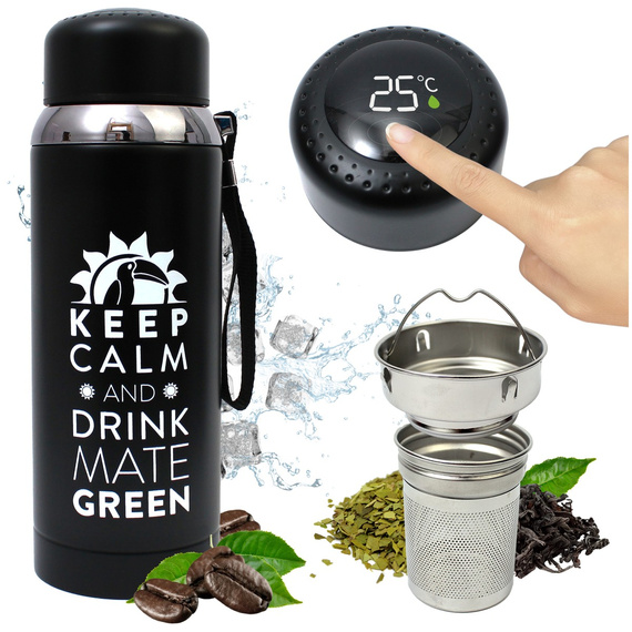 Termos 8.0 czarny - z dużym sitkiem, termometrem i wyświetlaczem LED do yerba mate, kawy, herbaty 800ml 