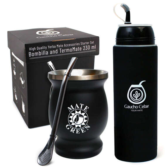 Czarny zestaw akcesoriów do yerba mate od Gaucho Cebar TermoMate Black 230 ml +Al 221 + Yerbomos 7.0