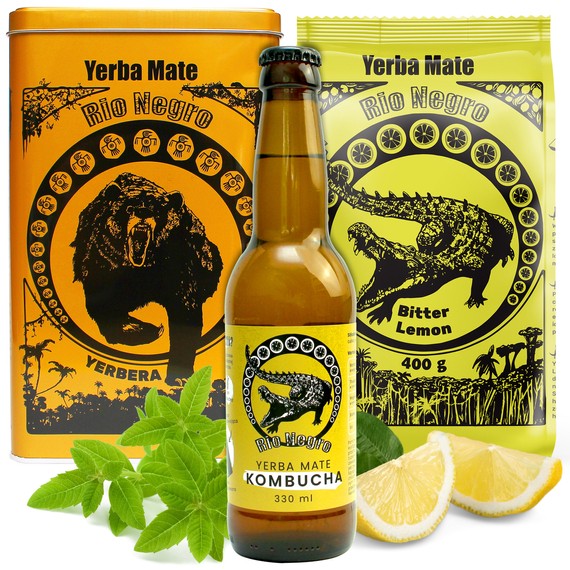 Zestaw Yerba Mate Rio Negro 2 x 400g Despalada + Bitter Lemon Yerbera Puszka KOMBUCHA